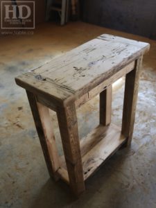 reclaimed wood console table, reclaimed wood sofa table, reclaimed wood hall table, reclaimed wood table Ontario, mennonite furniture, custom reclaimed wood furniture, solid wood furniture Ontario, cottage furniture Ontario