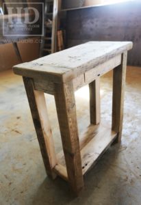 reclaimed wood console table, reclaimed wood sofa table, reclaimed wood hall table, reclaimed wood table Ontario, mennonite furniture, custom reclaimed wood furniture, solid wood furniture Ontario, cottage furniture Ontario, farmhouse table