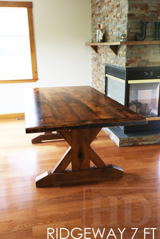 sawbuck table, reclaimed wood table ridgeway ontario, epoxy, epoxy, threshing floor, rustic wood table, recycled wood furniture, mennonite furniture, solid wood furniture, cottage table