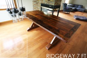 sawbuck table, reclaimed wood table ridgeway ontario, epoxy, epoxy, threshing floor, rustic wood table, recycled wood furniture, mennonite furniture, solid wood furniture, cottage table