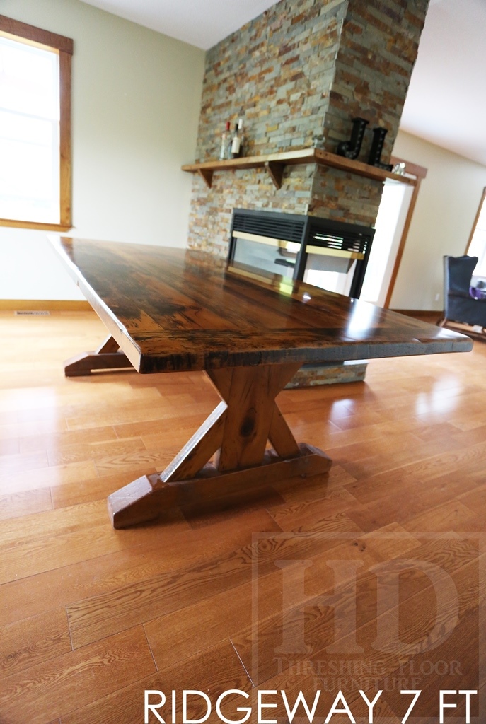 sawbuck table, reclaimed wood table ridgeway ontario, epoxy, epoxy, threshing floor, rustic wood table, recycled wood furniture, mennonite furniture, solid wood furniture, cottage table