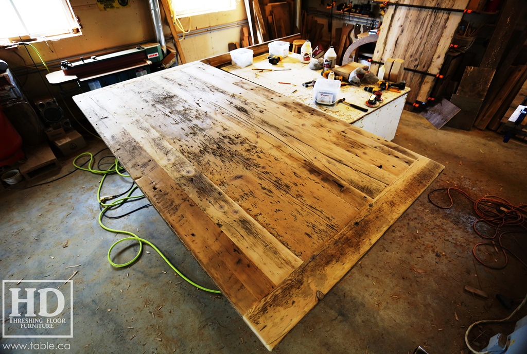 reclaimed wood top, rustic wood furniture, reclaimed wood furniture Ontario, Mennonite furniture, solid wood furniture, custom distressed wood furniture, HD Threshing, Gerald Reinink, hemlock, pine