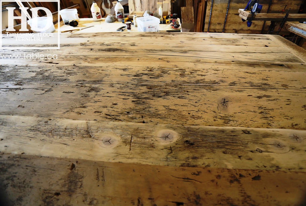 reclaimed wood top, rustic wood furniture, reclaimed wood furniture Ontario, Mennonite furniture, solid wood furniture, custom distressed wood furniture, HD Threshing, Gerald Reinink, hemlock, pine