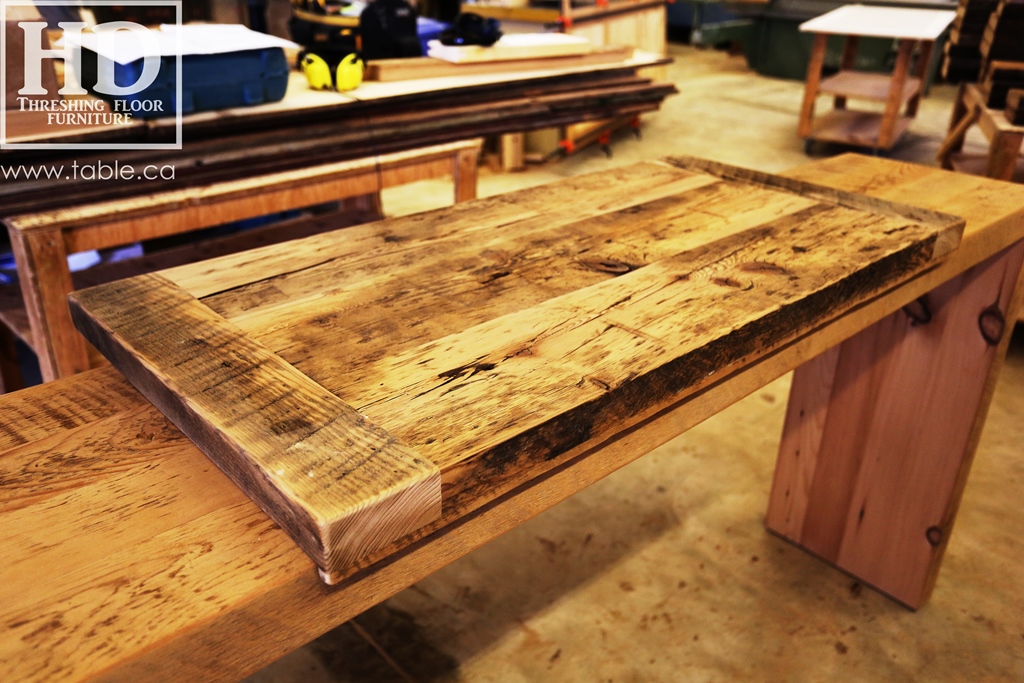 reclaimed wood top, rustic wood furniture, reclaimed wood furniture Ontario, Mennonite furniture, solid wood furniture, custom distressed wood furniture, HD Threshing, Gerald Reinink, hemlock, pine, recycled wood furniture