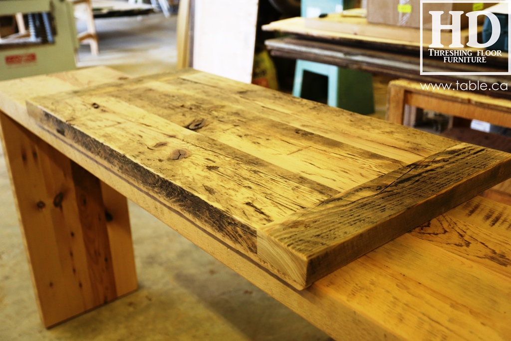 reclaimed wood top, rustic wood furniture, reclaimed wood furniture Ontario, Mennonite furniture, solid wood furniture, custom distressed wood furniture, HD Threshing, Gerald Reinink, hemlock, pine, recycled wood furniture