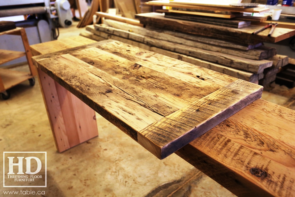 reclaimed wood top, rustic wood furniture, reclaimed wood furniture Ontario, Mennonite furniture, solid wood furniture, custom distressed wood furniture, HD Threshing, Gerald Reinink, hemlock, pine, recycled wood furniture