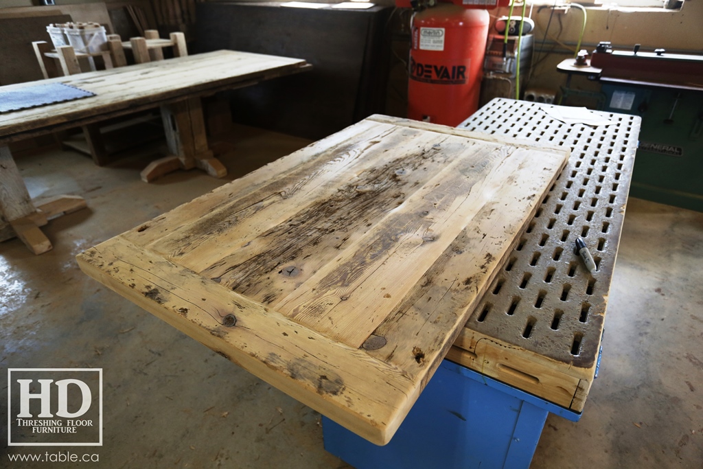 reclaimed wood top, rustic wood furniture, reclaimed wood furniture Ontario, Mennonite furniture, solid wood furniture, custom distressed wood furniture, HD Threshing, Gerald Reinink, hemlock, pine, recycled wood furniture