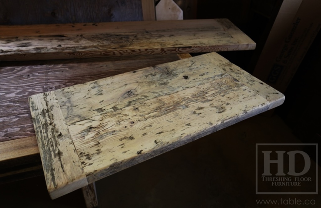 reclaimed wood top, rustic wood furniture, reclaimed wood furniture Ontario, Mennonite furniture, solid wood furniture, custom distressed wood furniture, HD Threshing, Gerald Reinink, hemlock, pine