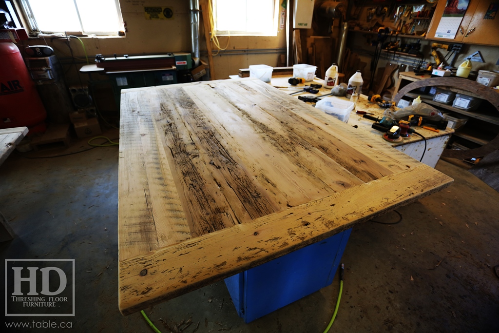 reclaimed wood top, rustic wood furniture, reclaimed wood furniture Ontario, Mennonite furniture, solid wood furniture, custom distressed wood furniture, HD Threshing, Gerald Reinink, hemlock, pine, recycled wood furniture