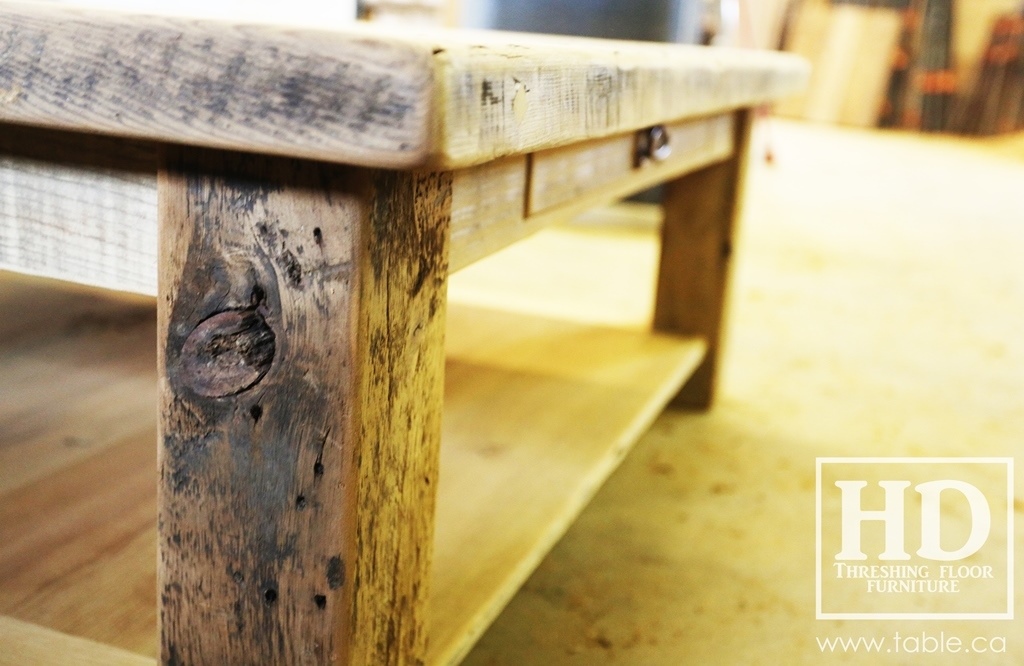 coffee table, reclaimed wood coffee table, Ontario, rustic coffee table, Gerald Reinink, HD Threshing Floor Furniture, recycled wood furniture