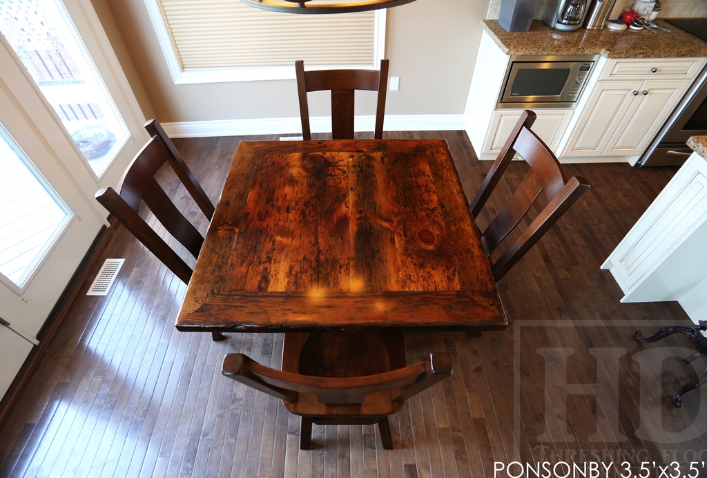 reclaimed wood table Courtice Ontario, epoxy finish, recycled wood furniture, mennonite furniture, reclaimed wood, reclaimed wood furniture, custom furniture Toronto, rustic furniture Canada, rustic furniture Ontario, pedestal table, wormy maple chairs