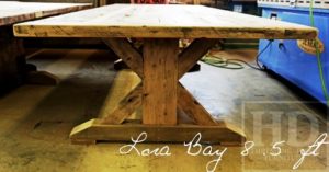 reclaimed wood table, Lora Bay, Ontario, epoxy, sawbuck table, solid wood furniture, hemlock table, rustic furniture, cottage furniture, Mennonite Furniture, reclaimed wood tables Ontario