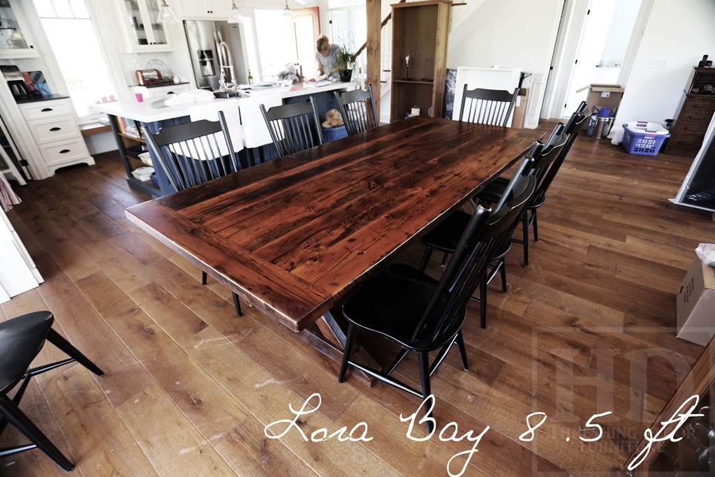 reclaimed wood table, Lora Bay, Ontario, epoxy, sawbuck table, solid wood furniture, hemlock table, rustic furniture, cottage furniture, Mennonite Furniture, reclaimed wood tables Ontario