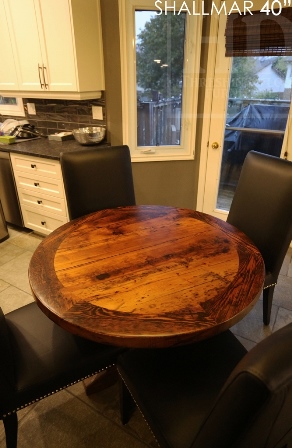 round table, reclaimed wood furniture Guelph, Ontario, round table, recycled wood round table, leather parsons chairs, pedestal base, hand-hew beam