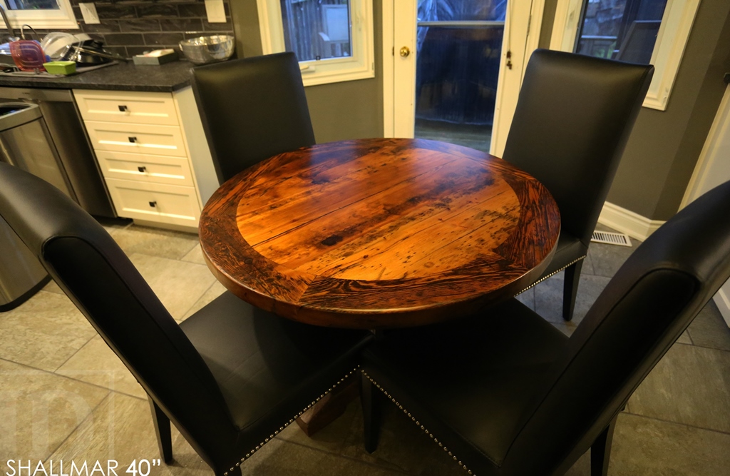 round table, reclaimed wood furniture Guelph, Ontario, round table, recycled wood round table, leather parsons chairs, pedestal base, hand-hew beam