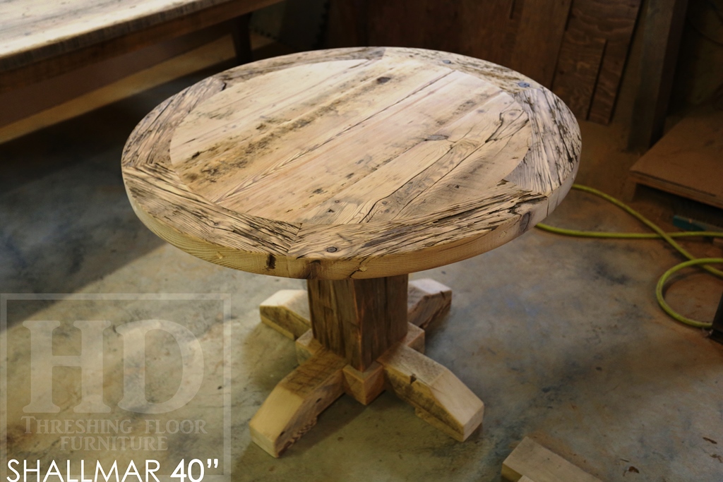 round table, reclaimed wood furniture Guelph, Ontario, round table, recycled wood round table, leather parsons chairs, pedestal base, hand-hew beam