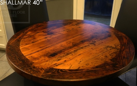 round table, reclaimed wood furniture Guelph, Ontario, round table, recycled wood round table, leather parsons chairs, pedestal base, hand-hew beam