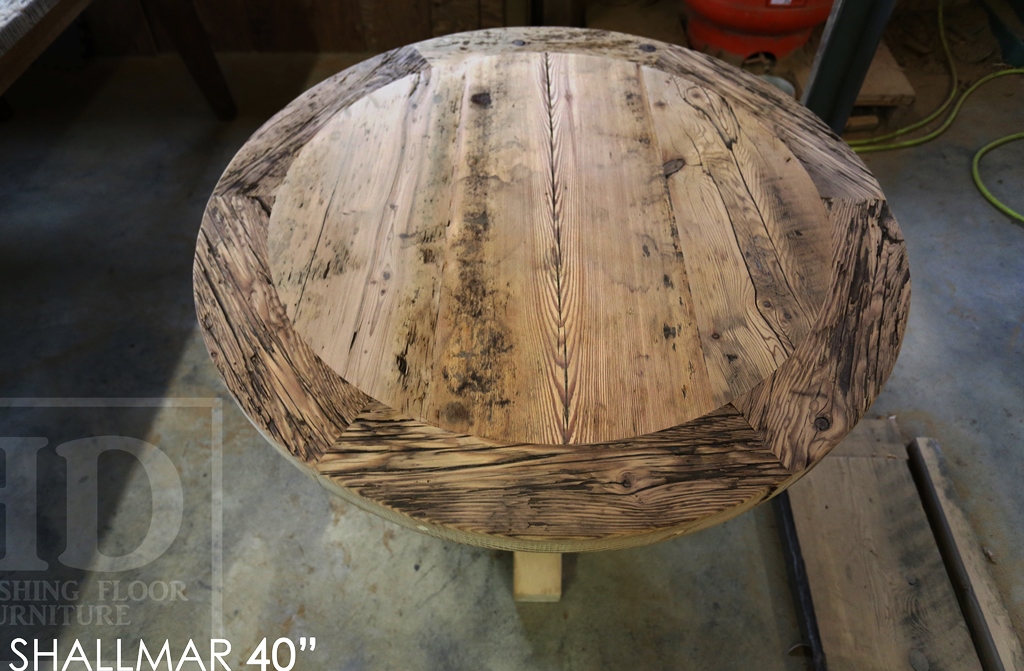 round table, reclaimed wood furniture Guelph, Ontario, round table, recycled wood round table, leather parsons chairs, pedestal base, hand-hew beam