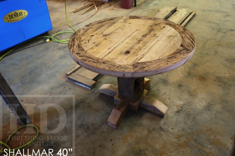 round table, reclaimed wood furniture Guelph, Ontario, round table, recycled wood round table, leather parsons chairs, pedestal base, hand-hew beam