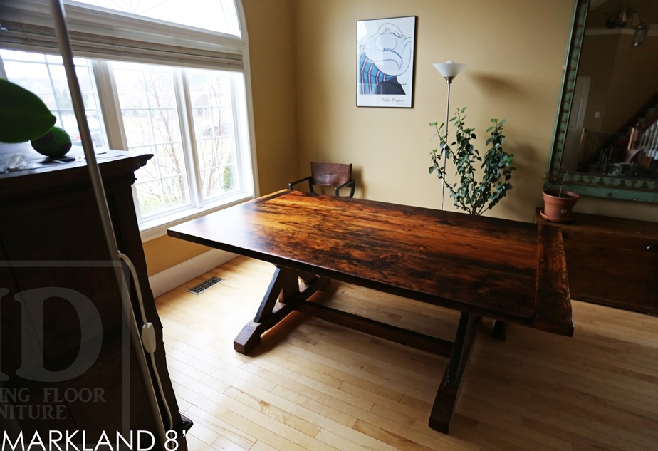 Guelph reclaimed wood table, barnwood tables Ontario, sawbuck, recycled wood sawbuck table, Gerald Reinink, distressed wood table, Guelph, Ontario, Mennonite Furniture Cambridge, mennonite table