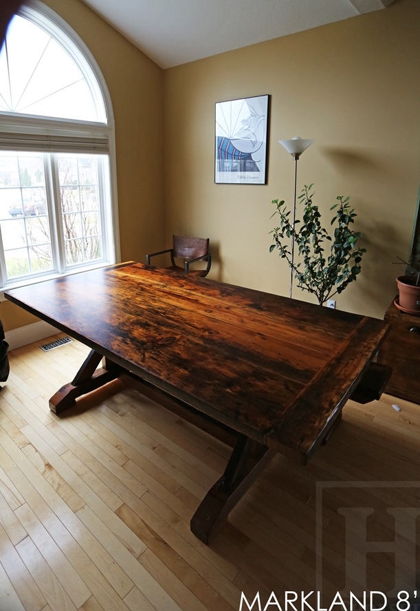 Guelph reclaimed wood table, barnwood tables Ontario, sawbuck, recycled wood sawbuck table, Gerald Reinink, distressed wood table, Guelph, Ontario, Mennonite Furniture Cambridge, mennonite table