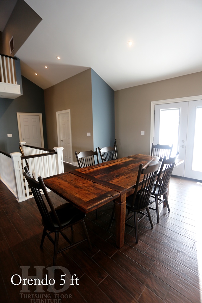 reclaimed wood table Vanessa Ontario, harvest table, harvest tables Ontario, farmhouse harvest table, Mennonite Furniture, wormy maple chairs, epoxy, hemlock threshing floor table, threshing floor table, solid wood table 