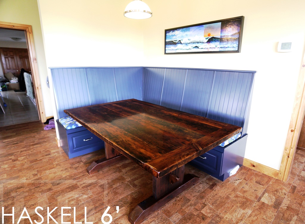 reclaimed wood table Mitchell Ontario, recycled wood furniture, farmhouse table, Mennonite Furniture, epoxy, hemlock, rustic furniture Canada