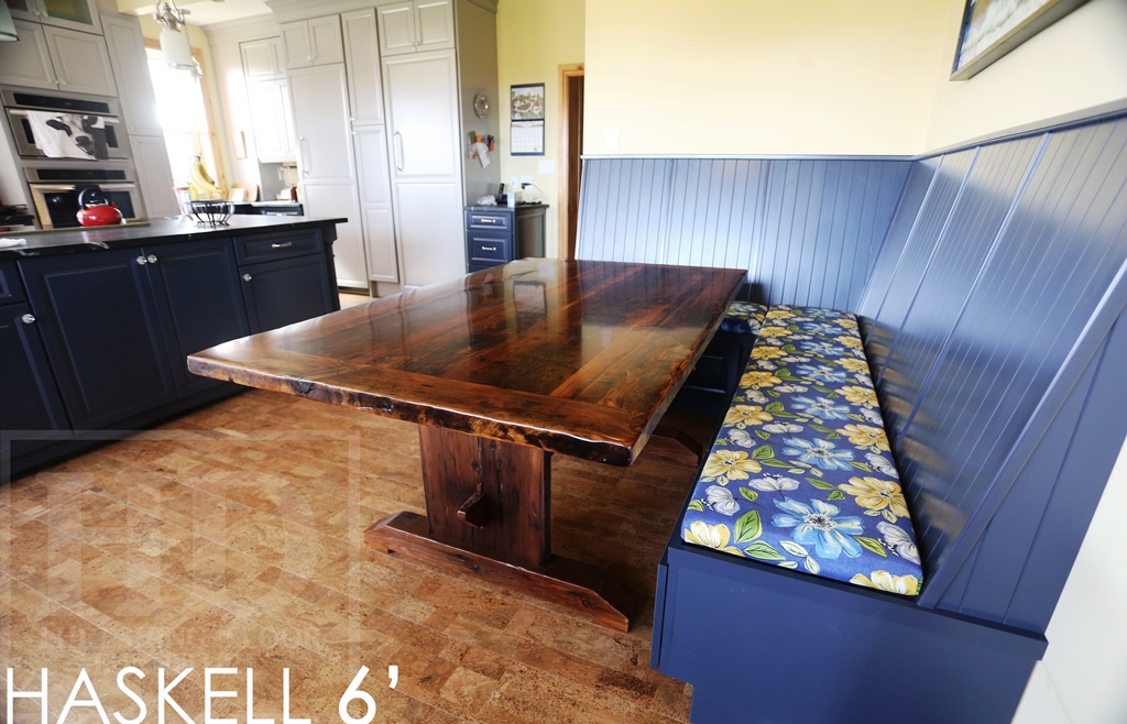 reclaimed wood table Mitchell Ontario, recycled wood furniture, farmhouse table, Mennonite Furniture, epoxy, hemlock, rustic furniture Canada