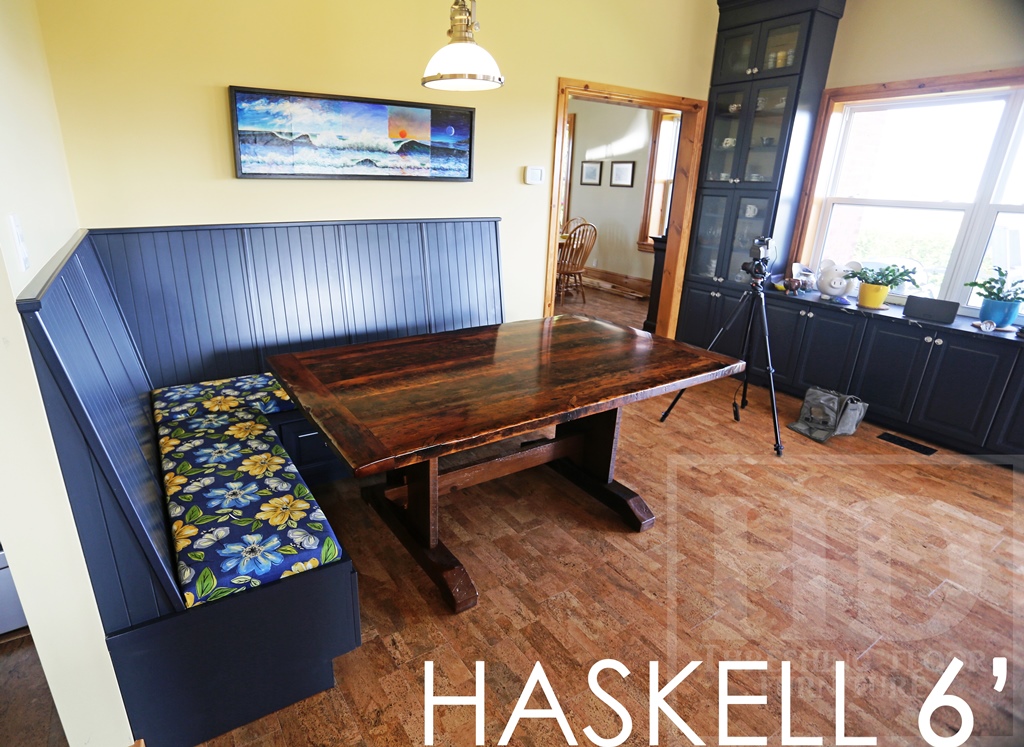 reclaimed wood table Mitchell Ontario, recycled wood furniture, farmhouse table, Mennonite Furniture, epoxy, hemlock, rustic furniture Canada