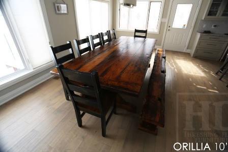 reclaimed wood table Orillia Ontario, Mennonite Furniture, rustic farmhouse table, rustic furniture Canada, reclaimed wood tables Canada, reclaimed wood bench, solid wood furniture, hemlock threshing floor, threshing floor furniture