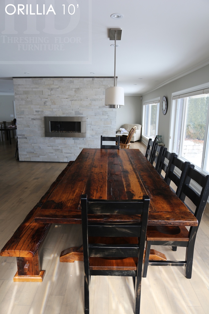 reclaimed wood table Orillia Ontario, Mennonite Furniture, rustic farmhouse table, rustic furniture Canada, reclaimed wood tables Canada, reclaimed wood bench, solid wood furniture, hemlock threshing floor, threshing floor furniture