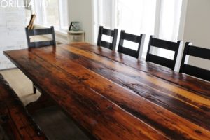 reclaimed wood table Orillia Ontario, Mennonite Furniture, rustic farmhouse table, rustic furniture Canada, reclaimed wood tables Canada, reclaimed wood bench, solid wood furniture, hemlock threshing floor, threshing floor furniture