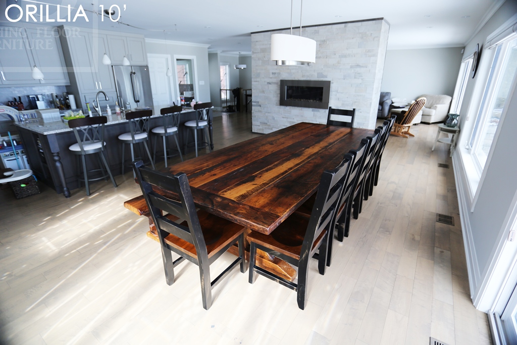 reclaimed wood table Orillia Ontario, Mennonite Furniture, rustic farmhouse table, rustic furniture Canada, reclaimed wood tables Canada, reclaimed wood bench, solid wood furniture, hemlock threshing floor, threshing floor furniture