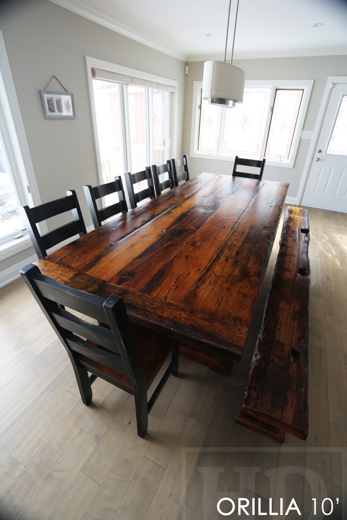 reclaimed wood table Orillia Ontario, Mennonite Furniture, rustic farmhouse table, rustic furniture Canada, reclaimed wood tables Canada, reclaimed wood bench, solid wood furniture, hemlock threshing floor, threshing floor furniture