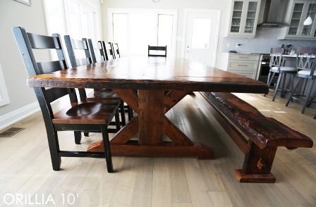 reclaimed wood table Orillia Ontario, Mennonite Furniture, rustic farmhouse table, rustic furniture Canada, reclaimed wood tables Canada, reclaimed wood bench, solid wood furniture, hemlock threshing floor, threshing floor furniture