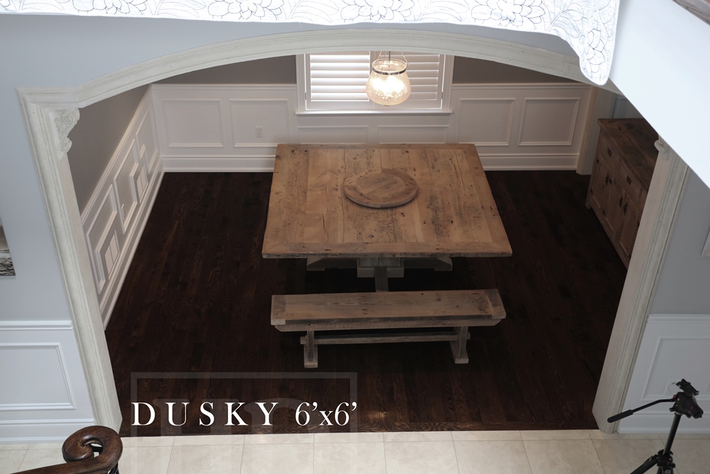 reclaimed wood pedestal tables North York Ontario, rustic table, pedestal table, solid wood table, Gerald Reinink, reclaimed wood lazy susan, reclaimed wood bench, grey, gray, recycled wood furniture, threshing floor table, farmhouse table, rustic furniture Canada