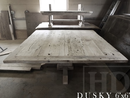 reclaimed wood pedestal tables North York Ontario, rustic table, pedestal table, solid wood table, Gerald Reinink, reclaimed wood lazy susan, reclaimed wood bench, grey, gray, recycled wood furniture, threshing floor table, farmhouse table, rustic furniture Canada