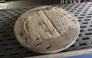 reclaimed wood pedestal tables North York Ontario, rustic table, pedestal table, solid wood table, Gerald Reinink, reclaimed wood lazy susan, reclaimed wood bench, grey, gray, recycled wood furniture, threshing floor table, farmhouse table, rustic furniture Canada