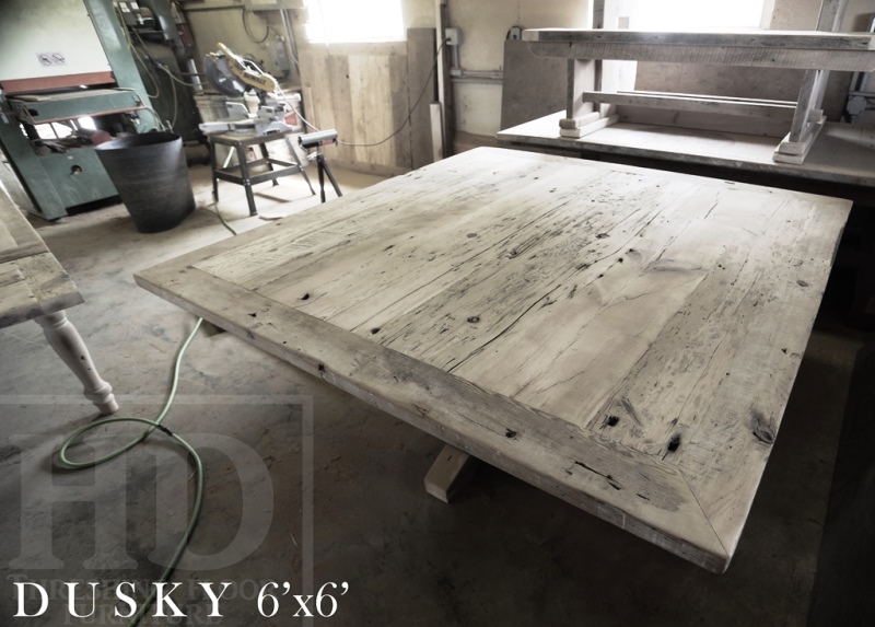reclaimed wood pedestal tables North York Ontario, rustic table, pedestal table, solid wood table, Gerald Reinink, reclaimed wood lazy susan, reclaimed wood bench, grey, gray, recycled wood furniture, threshing floor table, farmhouse table, rustic furniture Canada
