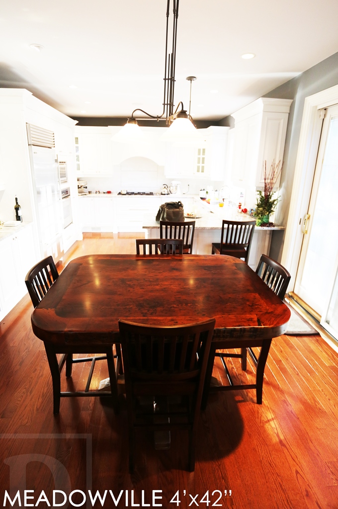 reclaimed wood pedestal table Toronto, reclaimed wood furniture Ontario, farmhouse pedestal table, reclaimed wood furniture Mississauga, Ontario Mennonite Furniture, epoxy, resin, Gerald Reinink, solid wood furniture, custom pedestal table