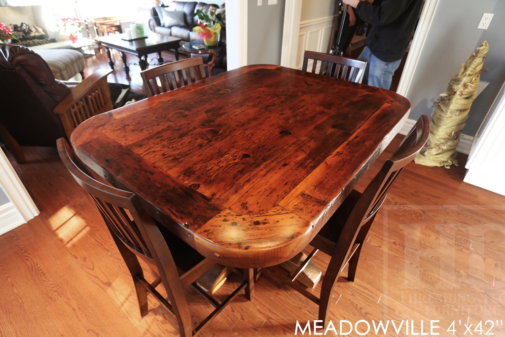 reclaimed wood pedestal table Toronto, reclaimed wood furniture Ontario, farmhouse pedestal table, reclaimed wood furniture Mississauga, Ontario Mennonite Furniture, epoxy, resin, Gerald Reinink, solid wood furniture, custom pedestal table