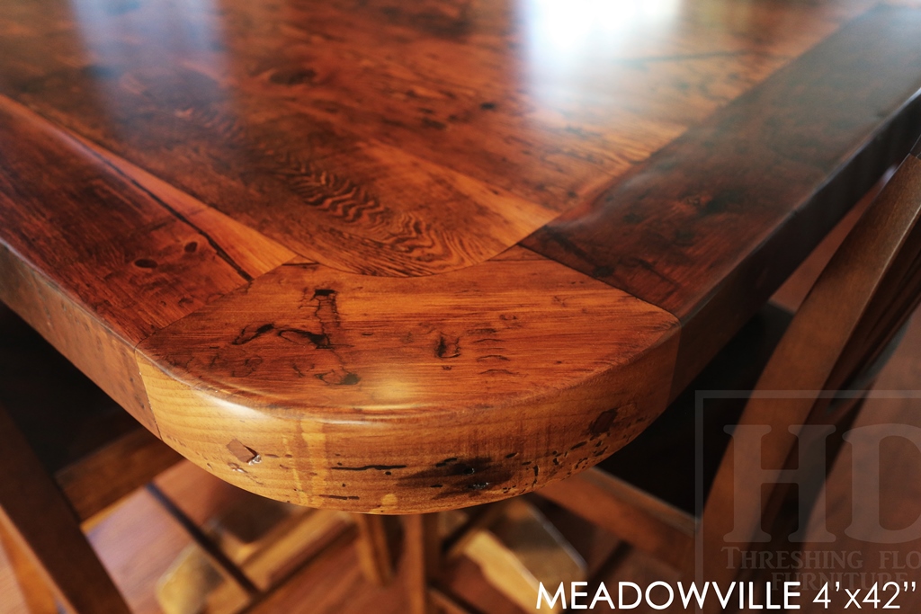 reclaimed wood pedestal table Toronto, reclaimed wood furniture Ontario, farmhouse pedestal table, reclaimed wood furniture Mississauga, Ontario Mennonite Furniture, epoxy, resin, Gerald Reinink, solid wood furniture, custom pedestal table