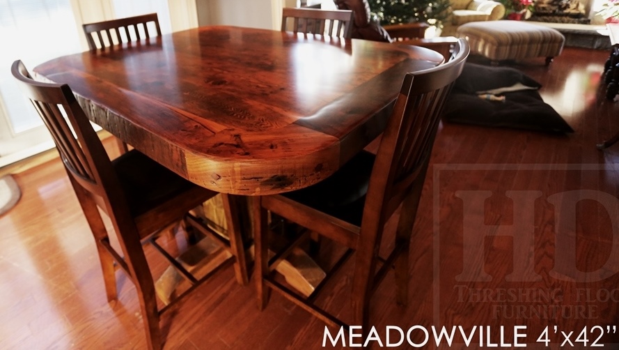 reclaimed wood pedestal table Toronto, reclaimed wood furniture Ontario, farmhouse pedestal table, reclaimed wood furniture Mississauga, Ontario Mennonite Furniture, epoxy, resin, Gerald Reinink, solid wood furniture, custom pedestal table