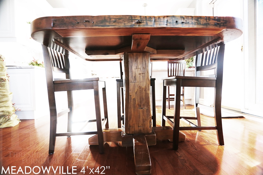 reclaimed wood pedestal table Toronto, reclaimed wood furniture Ontario, farmhouse pedestal table, reclaimed wood furniture Mississauga, Ontario Mennonite Furniture, epoxy, resin, Gerald Reinink, solid wood furniture, custom pedestal table