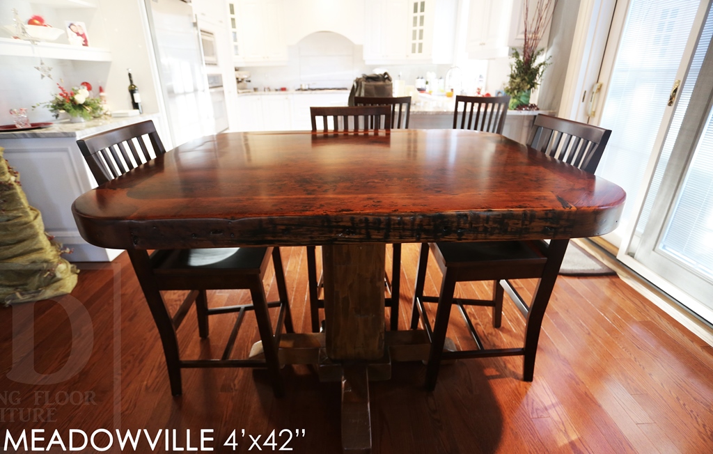 reclaimed wood pedestal table Toronto, reclaimed wood furniture Ontario, farmhouse pedestal table, reclaimed wood furniture Mississauga, Ontario Mennonite Furniture, epoxy, resin, Gerald Reinink, solid wood furniture, custom pedestal table