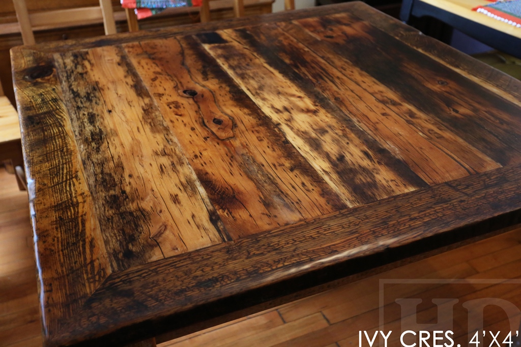 harvest tables Ontario, reclaimed wood table, custom square table, Ottawa, Ontario, epoxy, resin, recycled wood harvest table, solid wood furniture, mennonite furniture