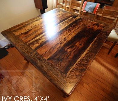 harvest tables Ontario, reclaimed wood table, custom square table, Ottawa, Ontario, epoxy, resin, recycled wood harvest table, solid wood furniture, mennonite furniture