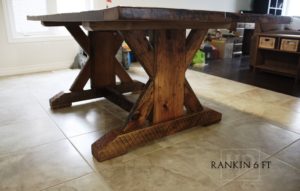reclaimed wood tables Ontario, Cambridge Mennonite Furniture, epoxy finish, sawbuck table, rustic furniture Ontario, reclaimed wood furniture, solid wood furniture Ontario