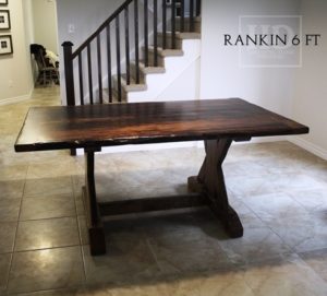 reclaimed wood tables Ontario, Cambridge Mennonite Furniture, epoxy finish, sawbuck table, rustic furniture Ontario, reclaimed wood furniture, solid wood furniture Ontario