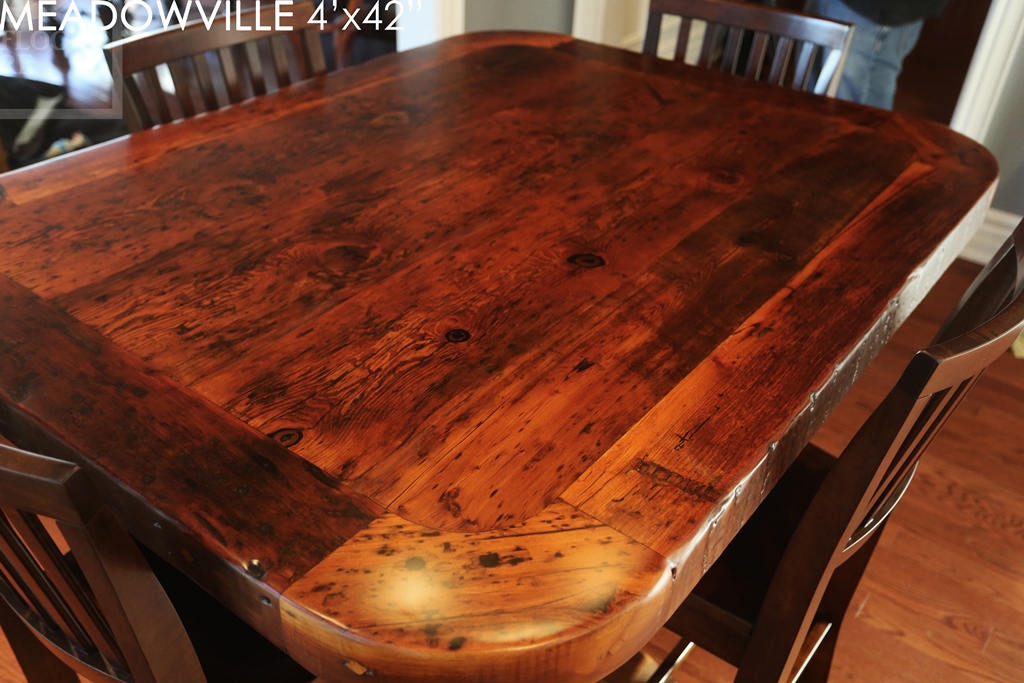 reclaimed wood pedestal table Toronto, reclaimed wood furniture Ontario, farmhouse pedestal table, reclaimed wood furniture Mississauga, Ontario Mennonite Furniture, epoxy, resin, Gerald Reinink, solid wood furniture, custom pedestal table